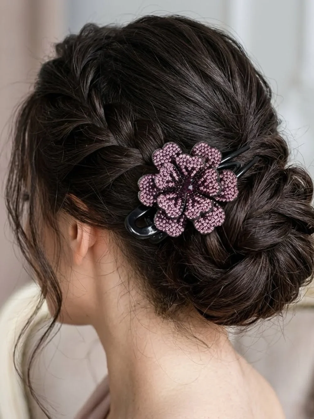 Sparkly Rhinestone Flower Duckbill Hair Clip Crystal Pink Violet Bun Claw